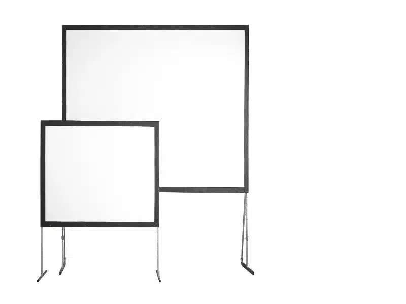 Two projection screens, each with a black frame and tripod stand, are displayed against a plain white background. The smaller screen is positioned in front of the larger screen, clearly showing their size difference. Ideal for presentations or home theaters.