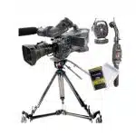 Professional video camera on wheeled tripod with remote controls and Panasonic P2 memory card displayed on white background. The setup includes a high-end camera securely mounted on a rolling tripod, easy-to-use remote controls for operation, and a Panasonic P2 memory card with protective case—ideal for professional video recording and media production needs.
