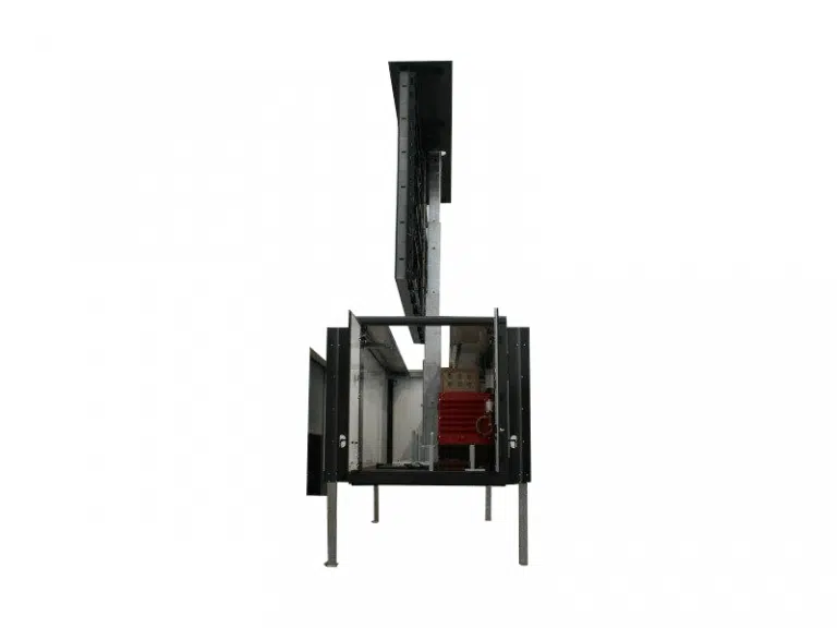 LED Container 31 sqm (7.36m x 4.16m) with open display panels and a tall vertical chimney structure on sturdy metal legs, shown against a white background; designed for advanced industrial LED screen rentals.