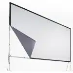 Large freestanding mobile projection screen, AV Stumpfl Vario 64 400 x 300 (4:3 video format), shown new with a sturdy black frame; one corner of the white front projection screen is peeled back to reveal the gray underside.