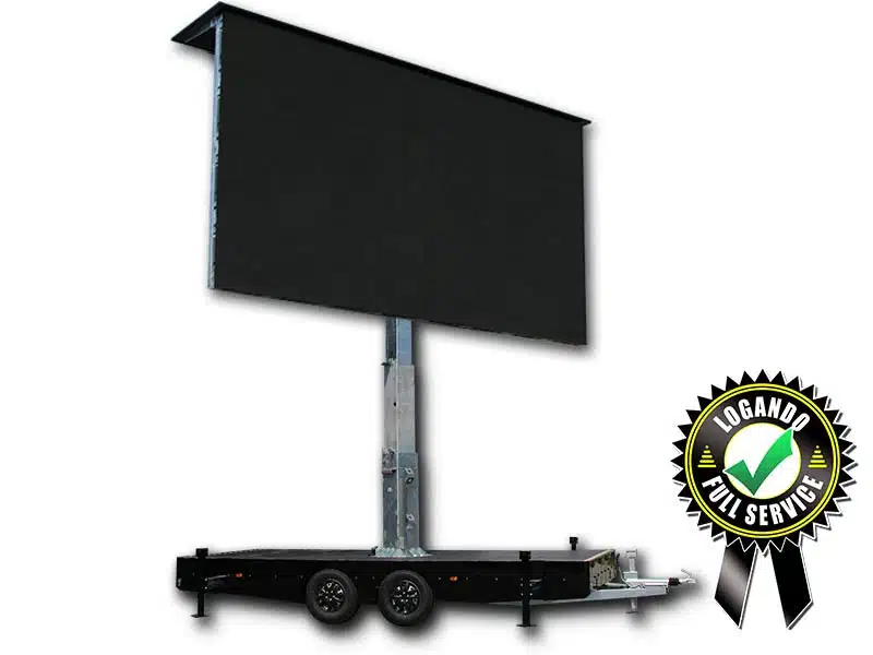 Large black LED Trailer Cabrio 23 sqm (6.40m x 3.60m) V:LED VSF6 screen mounted on an elevated metal pole above a two-axle trailer, with Logando Full Service badge in the lower right corner; the LED display is blank and ready for event use.