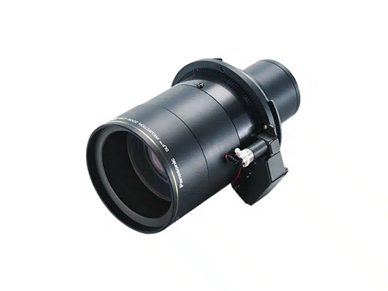 Panasonic ET-D75LE10 interchangeable projector lens displayed against a white background, available for rent; ideal for enhancing image projection in professional settings.