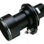 Panasonic ET-D75LE40 interchangeable projector lens—large black cylindrical lens with motorized zoom and focus, technical labels, shown on white background; available for rent.