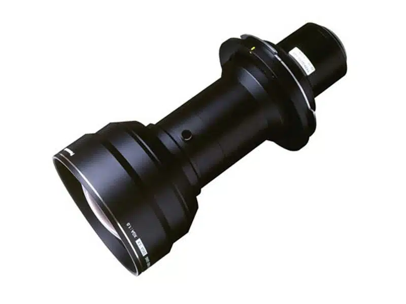 Panasonic ET-D75LE50 interchangeable lens for rent, shown isolated on a white background. The lens is black, cylindrical, with metallic accents and a clear glass front element. Suitable for Panasonic projectors.