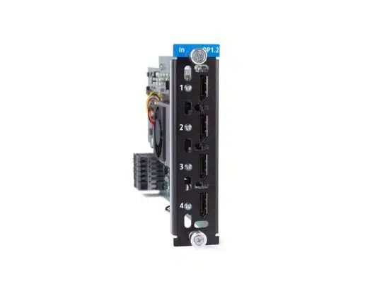 Barco DisplayPort 1.2 Quad Input Card product image showing a metal card with four labeled DisplayPort outputs (1 to 4) on the bracket; internal circuitry and cables are visible behind the ports. Ideal for upgrading Barco projectors or displays with multiple high-resolution video inputs.