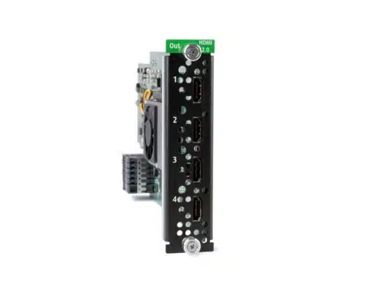 Barco HDMI 2.0 Quad Output Card (new) shown as a green circuit board with four vertically aligned, clearly labeled HDMI ports and a built-in cooling fan, designed for high-performance video output.