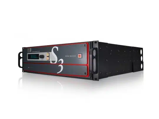 Barco S3-4K Tri-Combo Configuration (new) rack-mounted video processor in black and red, displaying front control buttons, multiple input/output ports, and a digital display on a white background.