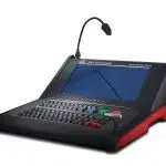 Barco EC-50 Event Controller—modern black and red control panel with built-in touchscreen, full multicolored-key keyboard, and flexible gooseneck microphone on the top left for professional event management.