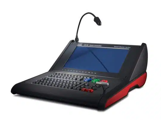 Barco EC-50 Event Controller—modern black and red control panel with built-in touchscreen, full multicolored-key keyboard, and flexible gooseneck microphone on the top left for professional event management.