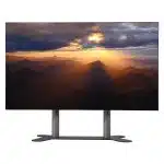 130-inch Samsung IF015H Full HD LED wall (1.5 mm pixel pitch) displaying a vivid mountain sunset with sun rays breaking through dramatic clouds; mounted on a sleek, modern stand for presentation or conference use.