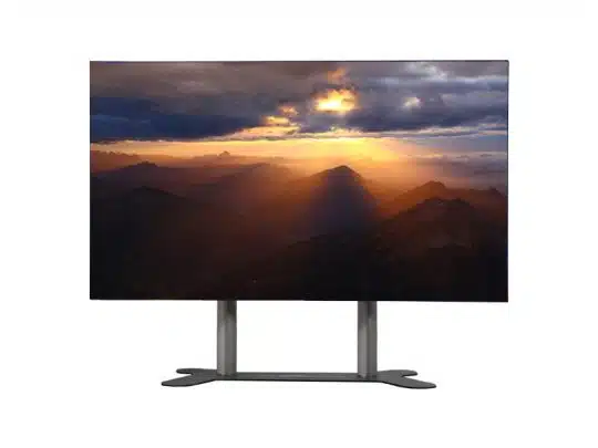 130-inch Samsung IF015H Full HD LED wall (1.5 mm pixel pitch) displaying a vivid mountain sunset with sun rays breaking through dramatic clouds; mounted on a sleek, modern stand for presentation or conference use.