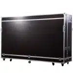 Large black equipment case for The View LED Wall 130 Inch Full HD 1.5 mm Samsung IF015H rental unit, featuring metal edges and six caster wheels, shown isolated on a white background.