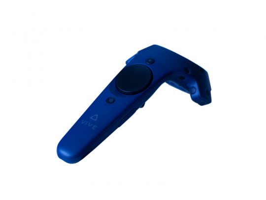Blue HTC Vive Pro Virtual Reality headset controller shown isolated on a white background, featuring a circular touchpad, control button, and rear trigger for immersive VR gaming experiences.