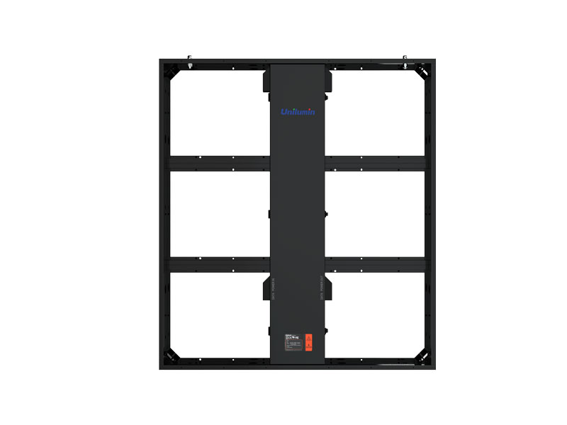 Rear view of Unilumin Usurface III 10 LED wall module, measuring 1.20m x 0.90m. The image shows a black central panel with blue Unilumin branding, sturdy horizontal support bars, and multiple mounting points around the edges for installation. The module has a pixel pitch of 10 mm and is designed for creating large LED video walls.