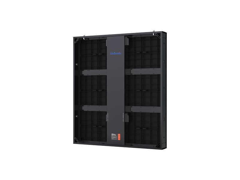Unilumin Usurface III 10 LED-wall module (1.20m x 0.90m, 10.00 mm pixel pitch) shown from the back, featuring a black rectangular grid frame, central vertical support, visible screws, and a small label at the bottom for identification.