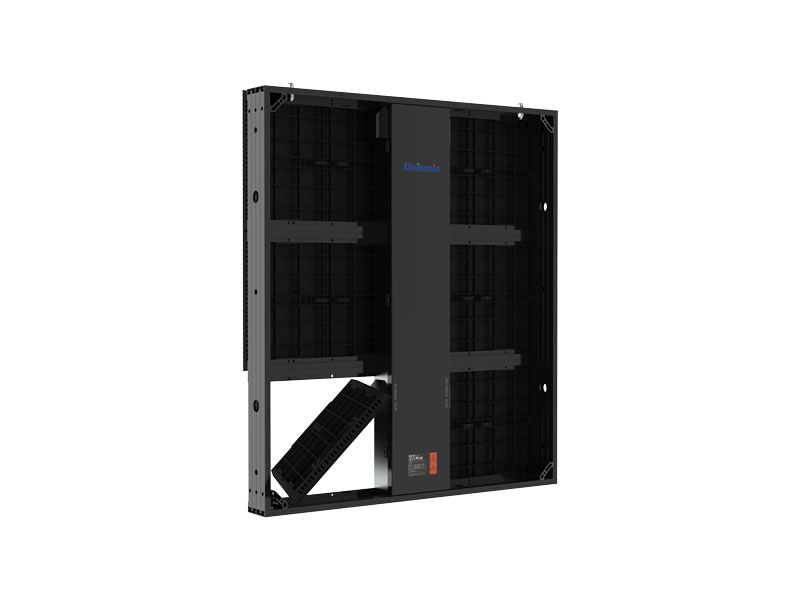 Rear view of Unilumin Usurface III 10 LED wall module (1.20m x 0.90m, 10.00 mm pixel pitch) with open access panel revealing internal electronic components; sturdy black frame highlights structural supports and mounting points for easy installation and maintenance.