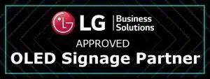 Black banner featuring the Logando and LG logos, with Business Solutions text; bold white lettering reads APPROVED OLED Signage Partner, all outlined by a teal border.