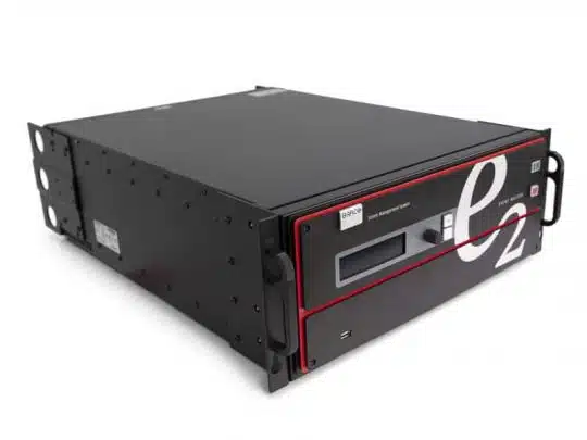 Barco E2 Jr new purchase product image showing a black rack-mounted video processor with side handles, visible screws, a front digital display, control buttons, and large white E2 Jr label; designed for professional AV applications.