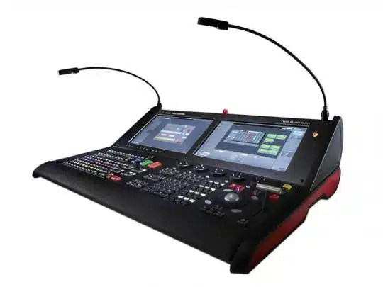 Barco EC-210 Event Master Controller (new) with dual touchscreen displays, two flexible gooseneck lights, and a front control panel featuring multiple buttons, knobs, and dials for professional event production.