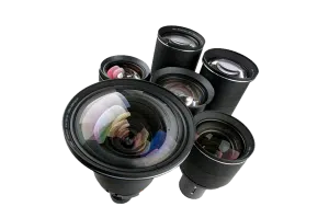 A set of six camera lenses of different sizes is arranged on a white background, with the largest lens placed at the front and smaller lenses behind it. Each lens features clear, reflective glass surfaces. Perfect for photographers seeking a versatile camera lens kit.