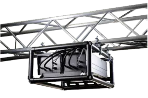Black electronic device with several connected cables mounted inside a rectangular metal frame, attached to a silver truss structure for stage or event production equipment.