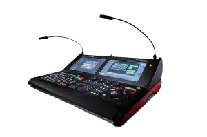 Professional video switcher console for live production, featuring dual built-in touchscreens, multiple control buttons and knobs, and two adjustable gooseneck lights.