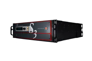 Event Master S3 device – black rack-mounted video processing unit with red trim, front display screen, multiple control buttons, and large white “S3” logo on the front panel, shown on a reflective surface against a plain background.