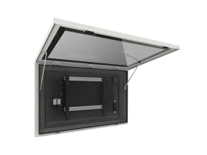 SmartMetals Outdoor Display Enclosure shown wall-mounted, with the front glass panel open on metal arms to reveal an empty interior frame for electronic equipment; enclosure is light gray against a white background.