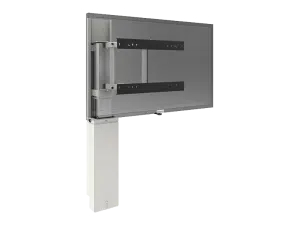 SmartMetals Motorized TV Lift: Flat-screen TV mounted on a vertical, height-adjustable motorized column with an adjustable bracket, designed for smooth up-and-down movement; product shown against a white background.
