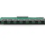 Green circuit board for audio systems with multiple electronic components, labeled AUDIO OUT on a black front panel. Features eight output ports in two rows with screw terminals and a CARD FAULT indicator light on the right. Suitable for professional audio installations and rack-mounted sound systems.