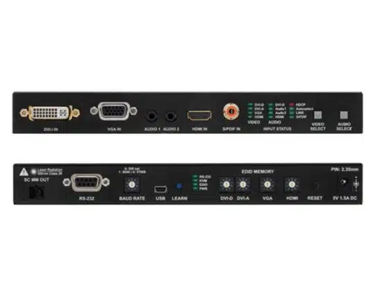 Two black AV switcher panels, each featuring a range of input and output ports including DVI, VGA, HDMI, audio jacks, USB, RS-232 control ports, power input, buttons, and LED indicators; designed for video and audio signal management in professional multimedia setups.