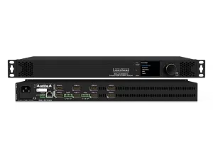 Front and rear view of the Lightware matrix switcher device, featuring multiple HDMI, audio, LAN, and control ports on the back panel; the front panel displays a screen, buttons, and a large control knob. Suitable for professional AV signal management.