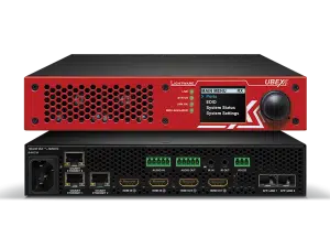 Front and back view of the red Lightware UBEX device. The front panel features status LEDs and a display screen with menu options, while the back panel includes power, network, audio, HDMI, fiber optic ports, and multiple input/output connectors. Ideal for signal extension in AV systems.