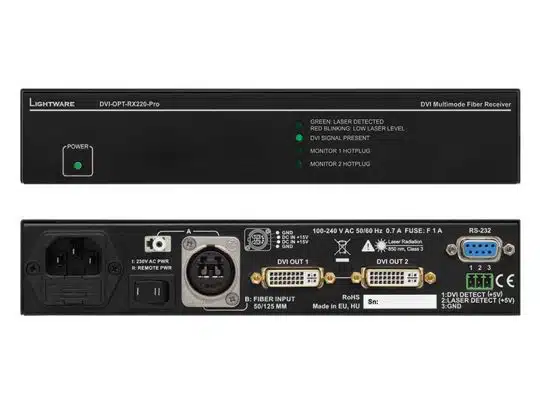 Front and rear views of the Lightware DVI-OPT-RX220-Pro multimode fiber receiver, displaying status indicator lights, power button, input/output ports, RS-232 port, power socket, and fiber optic input connection. Ideal for high-performance DVI signal transmission over long distances.