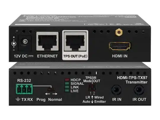 Close-up of the HDMI-TPS-TX97 transmitter front and back panels, displaying 12V DC power, Ethernet port, TPS OUT, HDMI IN, RS-232 serial port, and IR connections for AV signal transmission.