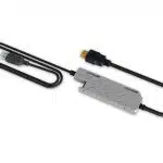 Lightware USB to HDMI Cable Adapter – A black cable with a USB connector on one end and an HDMI connector on the other, neatly coiled around a compact silver rectangular device labeled “Lightware.” Ideal for connecting computers to monitors or TVs.