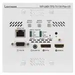 Front view of Lightware WP-UMX-TPS-TX130-Plus-US wall plate transmitter showing input ports for VGA, DisplayPort, HDMI, Ethernet, audio jacks, video selection buttons, and input status indicators. Professional AV transmitter for seamless connectivity in conference rooms and classrooms.
