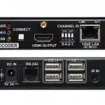 Front and back views of a black TV decoder device—model name unknown—showing multiple ports including HDMI output, LAN, DC in, RS-232, four USB ports, IR input, and front panel indicator lights labeled Power, Video, USB, and Connect; channel ID switches are visible for easy device setup.