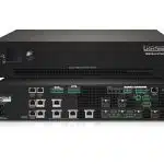 Front and rear view of Lightware MMX2x4-HT-120M matrix switcher, with control panel on the front and multiple ports on the back, including HDMI, Ethernet, and serial connections for AV signal routing.