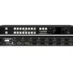 Front and back views of the Lightware rackmount video switcher, showing multiple HDMI ports, input selection buttons, a digital display screen, a control knob on the front panel, and various control and power connections on the rear panel. Ideal for professional AV setups requiring flexible video switching.