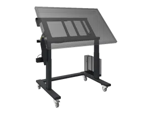 Black adjustable drafting table with transparent top, shown angled and supported by four caster wheels for easy mobility. The table features a motorized height and tilt adjustment system with control box, and SmartMetals mounting attachments for versatile use in professional studios or offices.