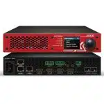 Front and back view of UBEX device showing a red vented front panel with display screen and control knob, and a black rear panel with HDMI, Ethernet, audio, and power ports.