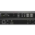 Black electronic decoder device, shown from the front and back, featuring multiple ports including USB, HDMI, LAN, RS-232 serial port, audio out, SFP slot, and DC power input. Compact design suitable for professional AV or network streaming applications.