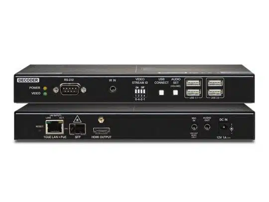 Black electronic decoder device, shown from the front and back, featuring multiple ports including USB, HDMI, LAN, RS-232 serial port, audio out, SFP slot, and DC power input. Compact design suitable for professional AV or network streaming applications.