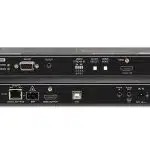 Two stacked black Mini PC boxes with various ports and connectors, including HDMI, USB, LAN Ethernet, audio jacks, and serial ports; labeled buttons and indicator lights are visible on both front and back panels.