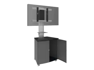 Black mobile TV cart with mounting bracket for large flat-screen TV, small shelf below the mount for media devices, and two-door cabinet at the bottom; one door is open to display interior storage space. Ideal for offices or classrooms.