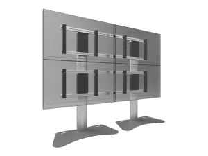 Digital rendering of the SmartMetals Dual-Stand Monitor Mount, displaying four flat-screen monitors arranged in a 2x2 grid. The setup features two sturdy stands with wide, stable bases and adjustable mounting arms. Shown against a plain white background, ideal for professional multi-display workstations.