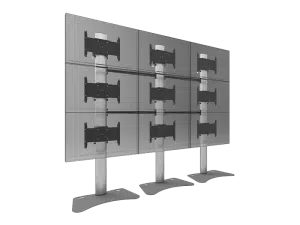SmartMetals mounting systems’ metal stand with three vertical columns supports six flat screen monitors arranged in two rows of three; features wide, flat bases for stability and adjustable mounting brackets, ideal for video walls or multi-screen displays.