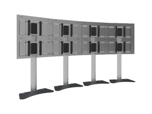 Curved multi-screen monitor stand for twelve monitors, featuring three vertical supports and four horizontal rows to hold screens in a 3x4 grid; made of metallic material with a sleek, modern industrial design.