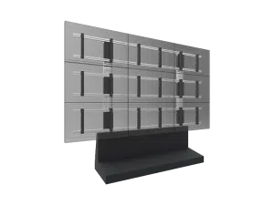 Digital rendering of the SmartMetals mounting systems multi-screen TV wall mount, featuring a sturdy black base and nine-screen configuration in a 3x3 grid. The image shows visible mounting brackets and horizontal rails to securely hold monitors or TVs, ideal for video wall installations.